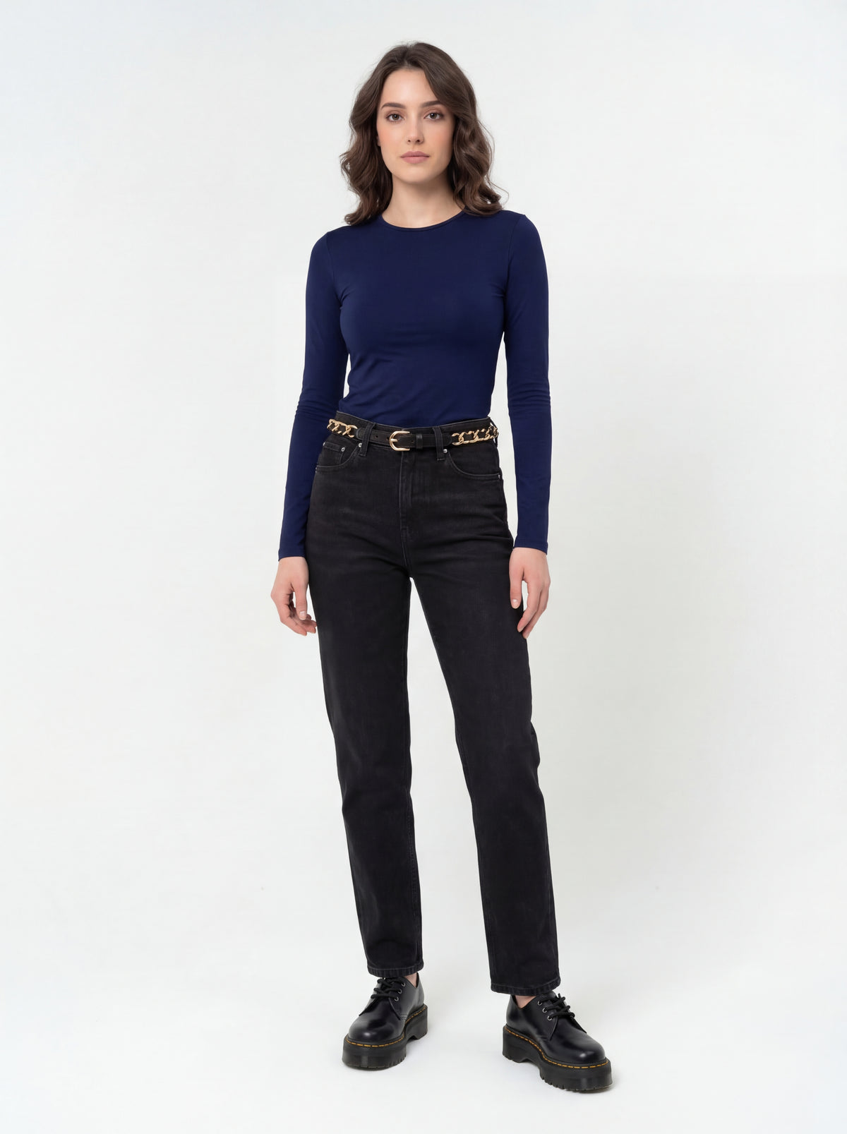 Dr. Martens Women Lace + Round Neck Long + Fitted Straight Leg + Chain Skinny Belt - 02