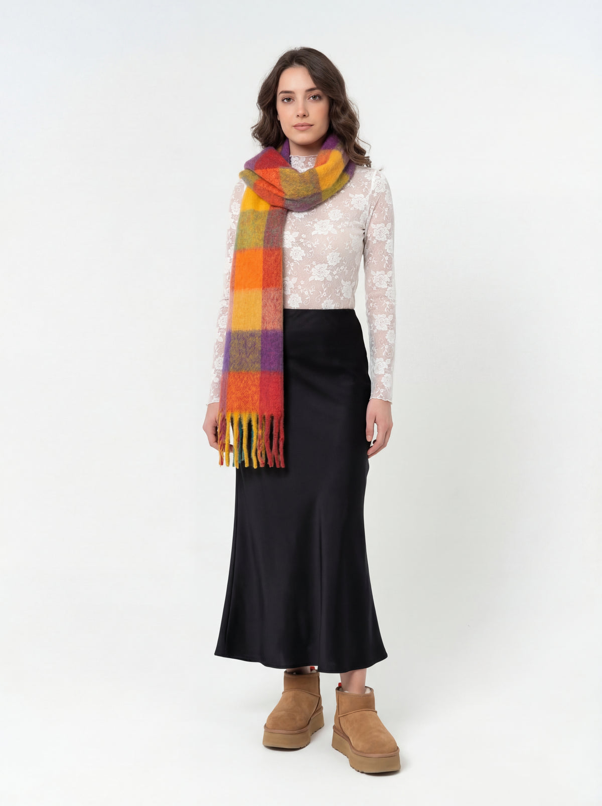 Ugg Women Boots + Mesh Mock Neck + High Waisted Maxi + Fringe Contrast Plaid - 07