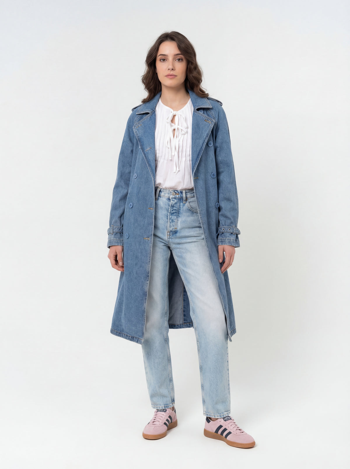 Adidas Women Sneakers + Tie Front Blouse + High waist Tapered + Denim Trenchcoat - 08
