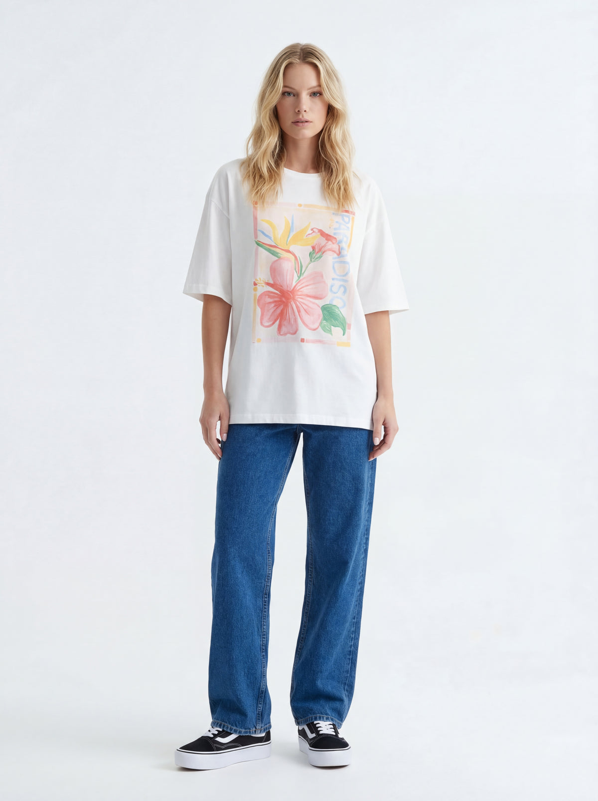 Vans Women Sneakers + Graphic Round Neck + Straight Leg Jeans - 01