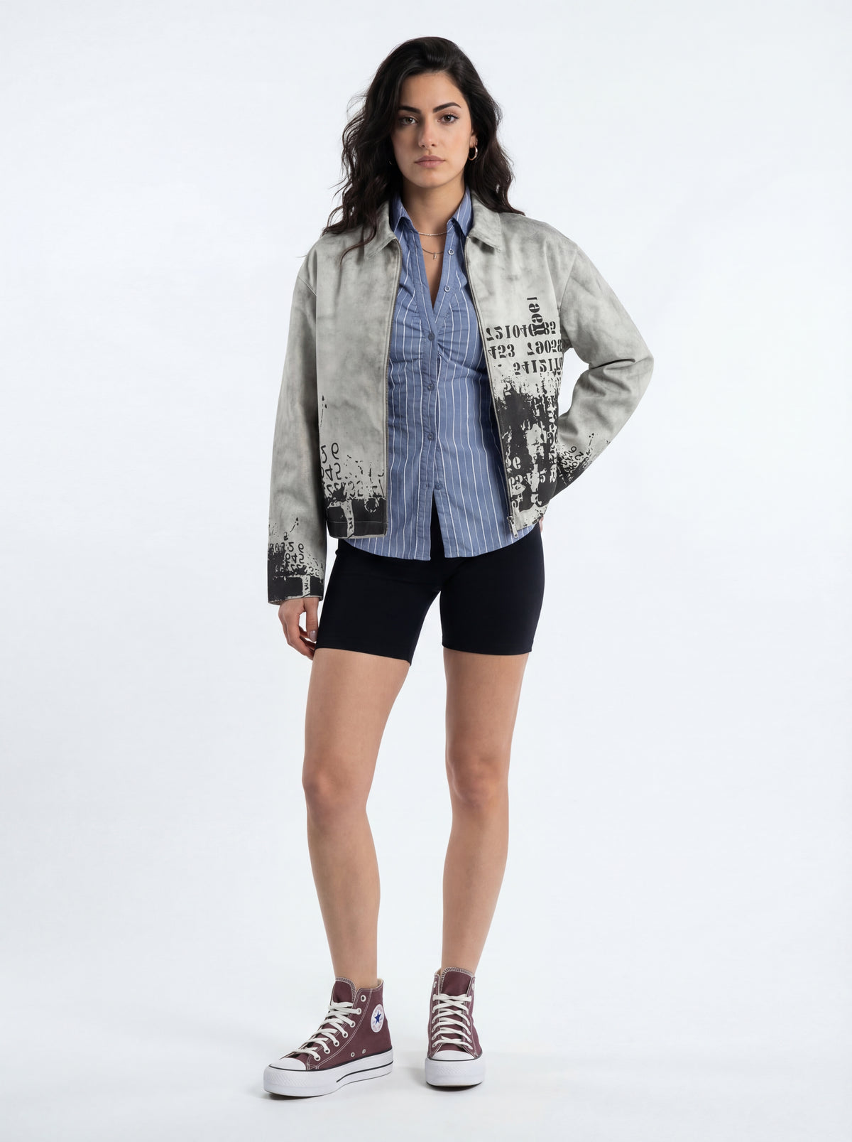 Converse Women Sneakers + Striped Button Down + Biker Shorts + Zip Up Printed - 03