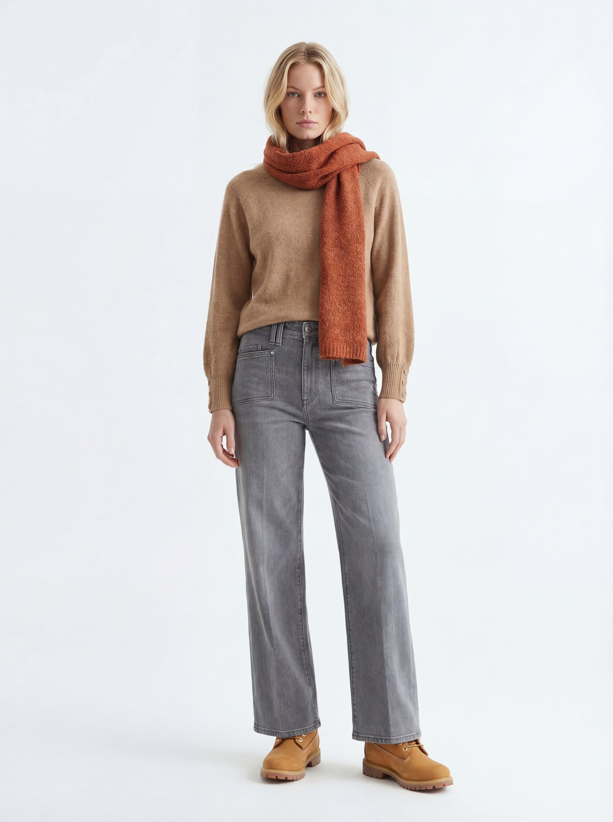 Timberland Women Boots + Crew Neck Sweater + High Waisted Vintage + Striped Knit Scarf - 04