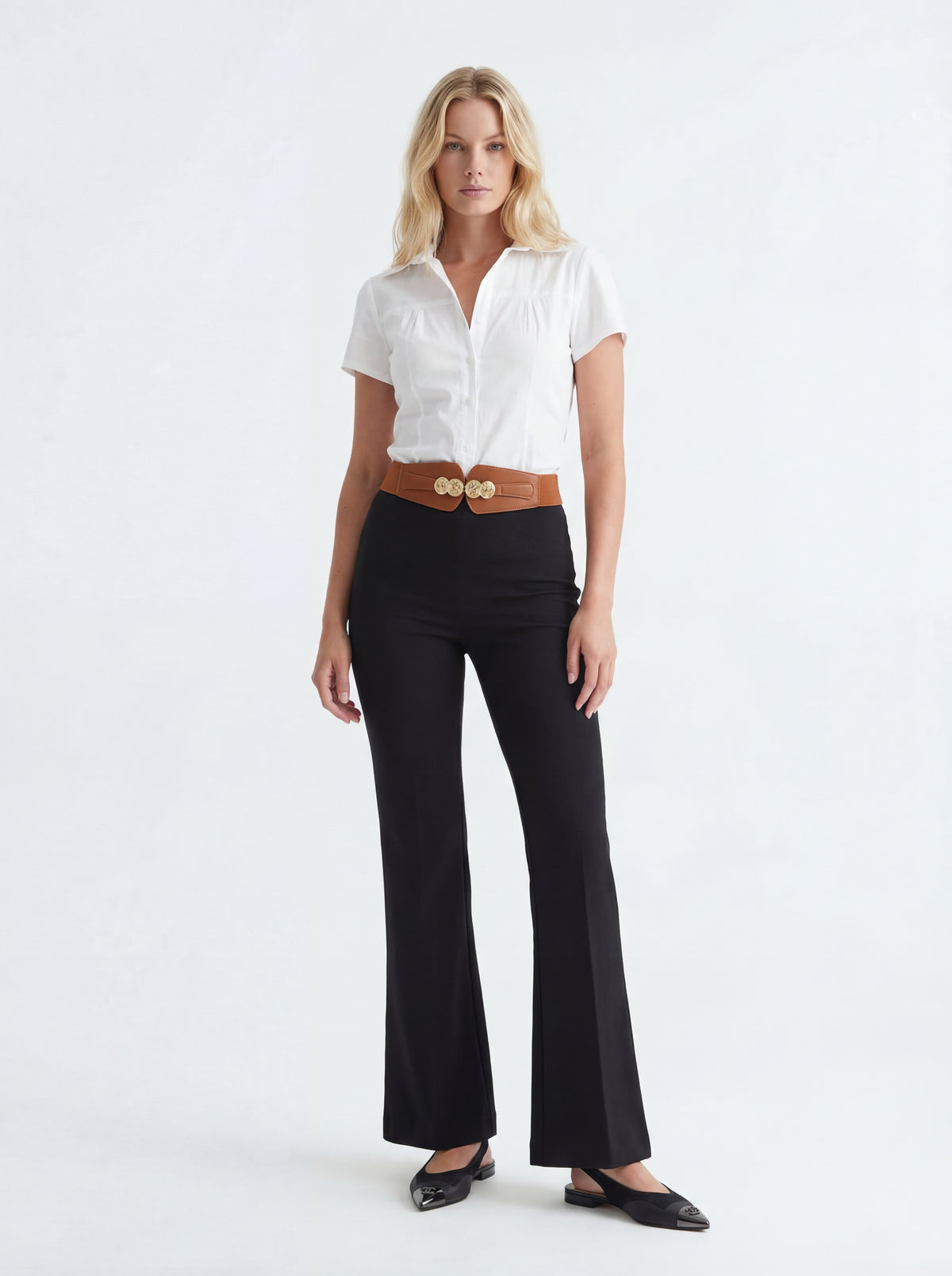 Pinko Women Sandals + Short Sleeve Button + Fitted Flare Trousers + Metal Buckle Elastic - 05